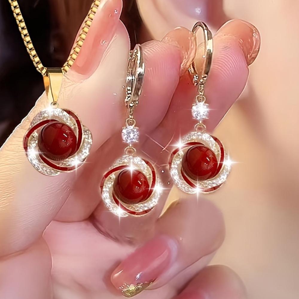 5Pcs Jewelry Sets Shining Zircon Spiral Flower Red Bead Faux Pearl Necklace Earrings Ring Bangle Bracelet Set for Women Banquet