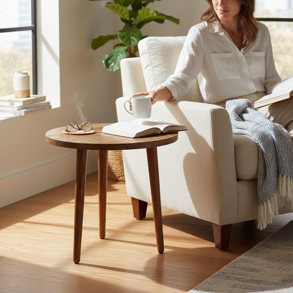 Round Wooden Side Table | Modern Scandinavian Accent Table for Living Room | Lightweight Coffee & Bedside Table, Sofa Side Table Furniture
