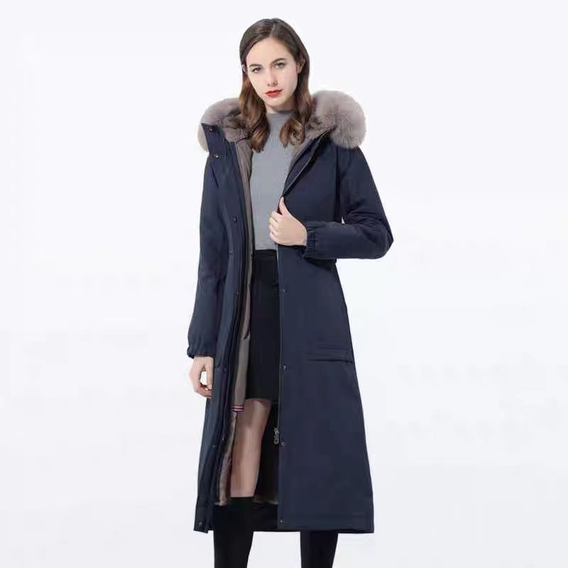 Pie Overcome Women's Knee Length Rex Rabbit Fur Liner Detachable Imitation Fox Fur Collar Lengthening and Thickening Faux Fur Coats for Women
