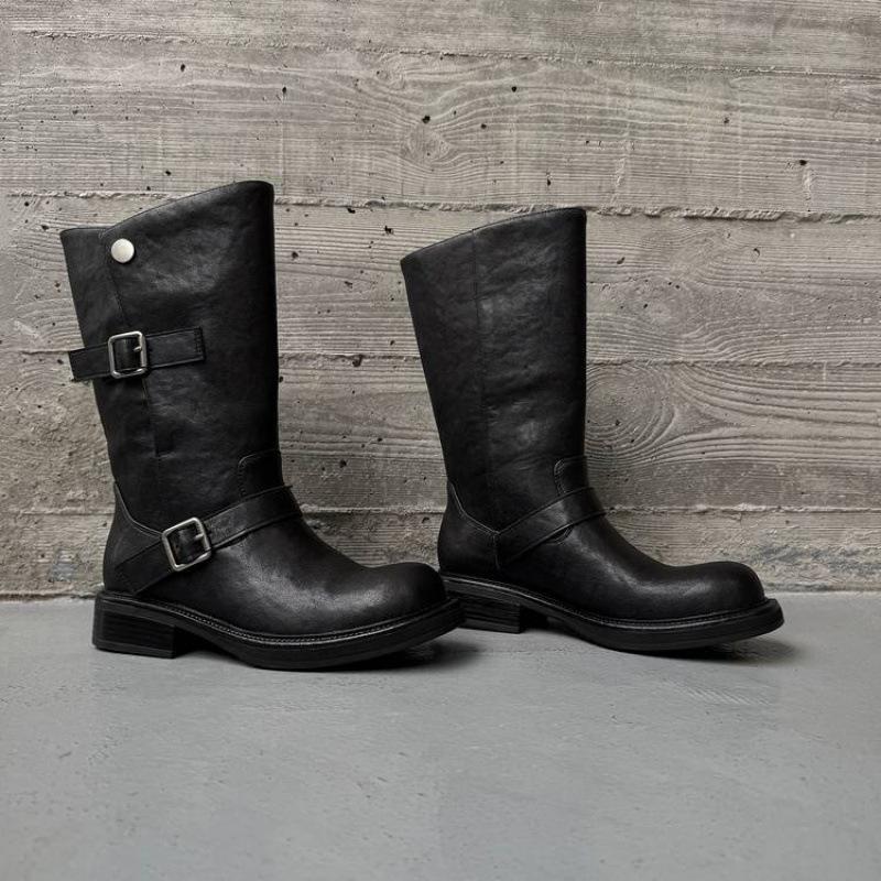 Autumn and Winter Leather Women's Boots Solid Color Sleeve Middle Heel Round Head Large Tube Circumference Versatile Large Size Leather Boots Medium