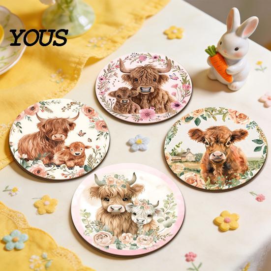 Healing Highland Calf Pattern Gifts Cow Cork Coasters, Cute Floral Farmhouse Drink Mats with Coasters for Drinks Non-Slip Base, Heat Resistant