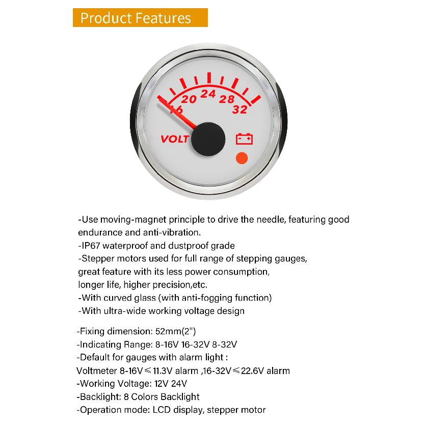 ELING Car Boat Yacht Truck Universal 52mm Voltmeter 8-16V 16-32V 9-32V Volt Gauge with 8 Colors Backlight and Alarm