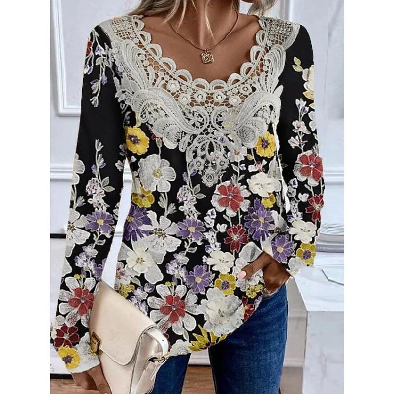Women's T-Shirts Casual Round Neck Long Sleeved Tops Autumn Pullover Printed Multi-color Women's T-shirt with Lace Stitching