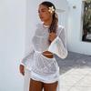 Women Club Party Long Sleeve White Elegant Drawstring Ruched Cut Out Summer Bandage Mini Dress