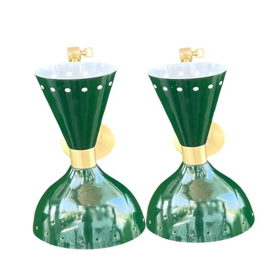 Set of 2 Green Diabolo Wall Sconces Mid Century Modern Brass Wall Lights Fixtures Retro Bedroom, Studyroom, Home, Office