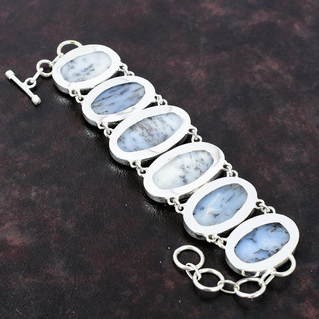 Браслет с дендритом и опалом, ювелирные изделия из натуральных драгоценных камней, приличный браслет ручной работы, браслет из стерлингового серебра 925 пробы, регулируемый браслет-цепочка, свадебный подарок