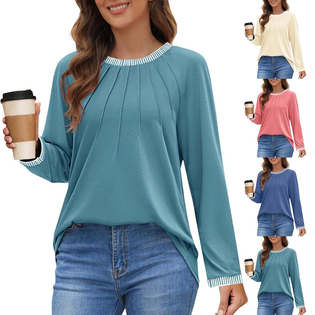 Женские топы с длинным рукавом, нарядные, повседневные, с круглым вырезом, плиссированные, цветные, свободные, модные блузки, футболки