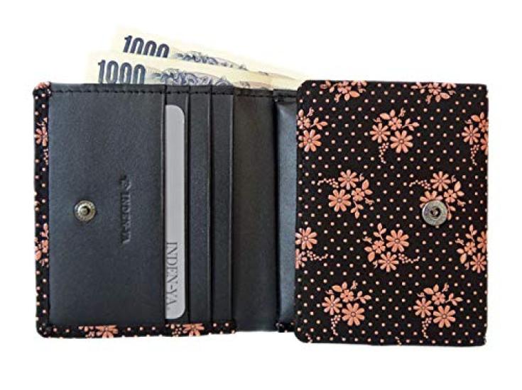 Inden bifold bill compartment box type coin black background x pink cosmos pattern [Indenya] wallet, H, purse, deerskin, lacquer, 2204-51-175