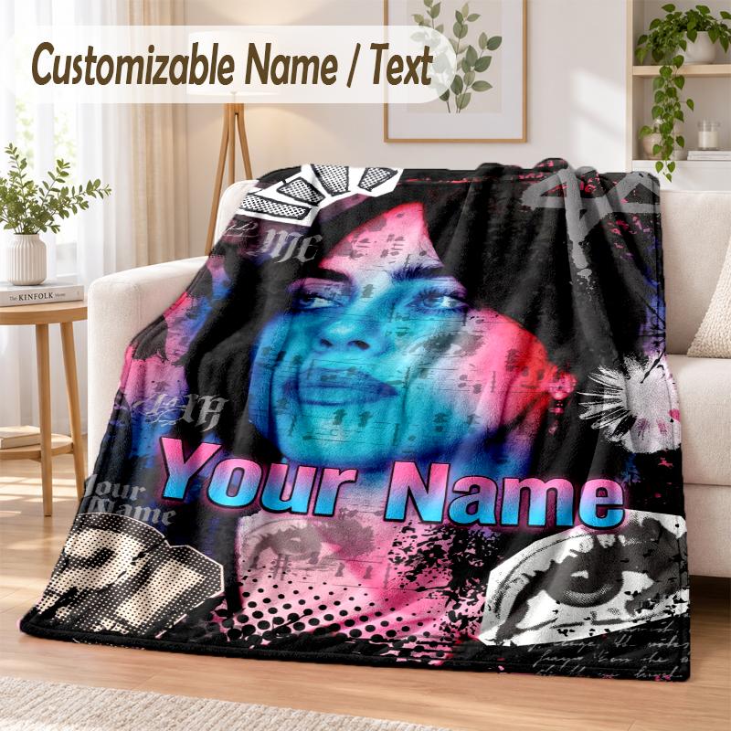 Billie Eilish Custom Name Flannel Throw Blanket Soft Warm for Sofa Bed Indoor Home Use
