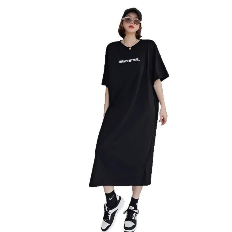 Женское повседневное платье-футболка с короткими рукавами Lazy Fashion, длинное платье с разрезом выше колена