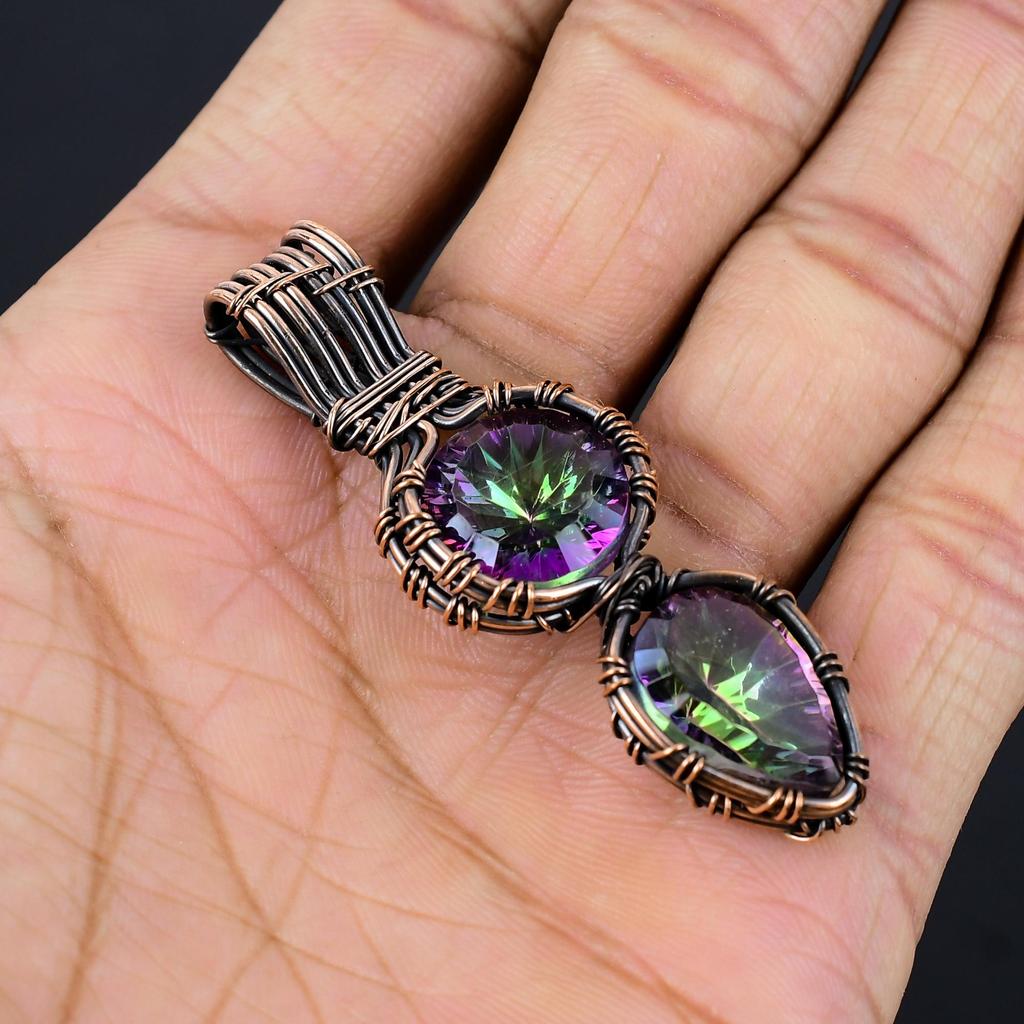 Подвеска с радужным мистическим топазом, ювелирное изделие из самоцвета, обернутое медной проволокой 999 пробы, подвеска ручной работы, на День благодарения