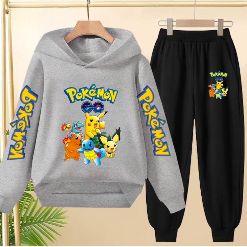Pikachu Two-piece Clothing Children Girls Sweatshirt+Pants Casual Tracksuits Boys Pokemon Hoodie Kawaii Pullover Sports Coat Set