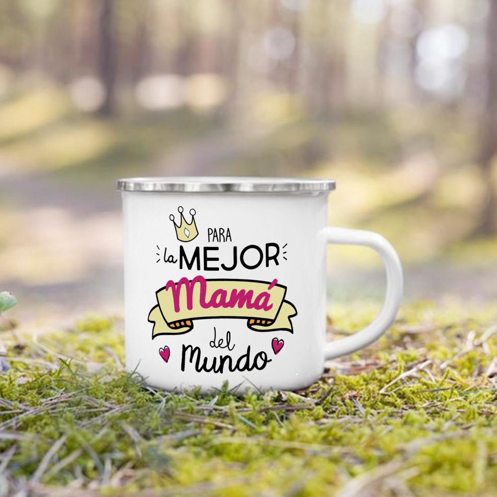 Креативные кофейные чашки Лучшая мама в мире Испанский принт Кружка Кемпинг Ручка Кружки Ручка Эмалированная чашка Праздничные подарки на день рождения для мамы