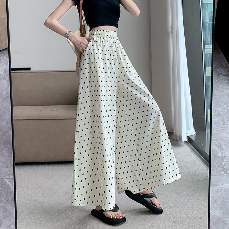 Женские брюки-юбки с высокой талией и широкими штанинами в горошек 2024 года — корейский стиль, лето, длина девять точек