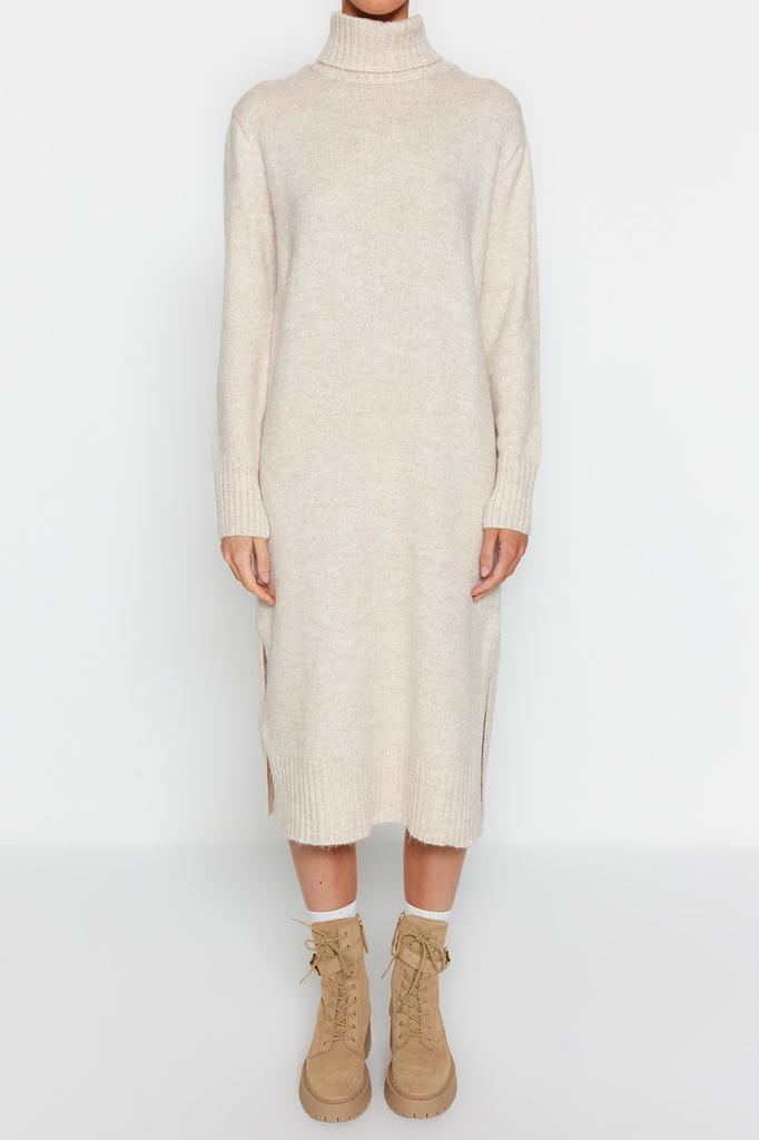 Женское модное новое платье, широкое платье средней длины, трикотажное платье с высоким воротником