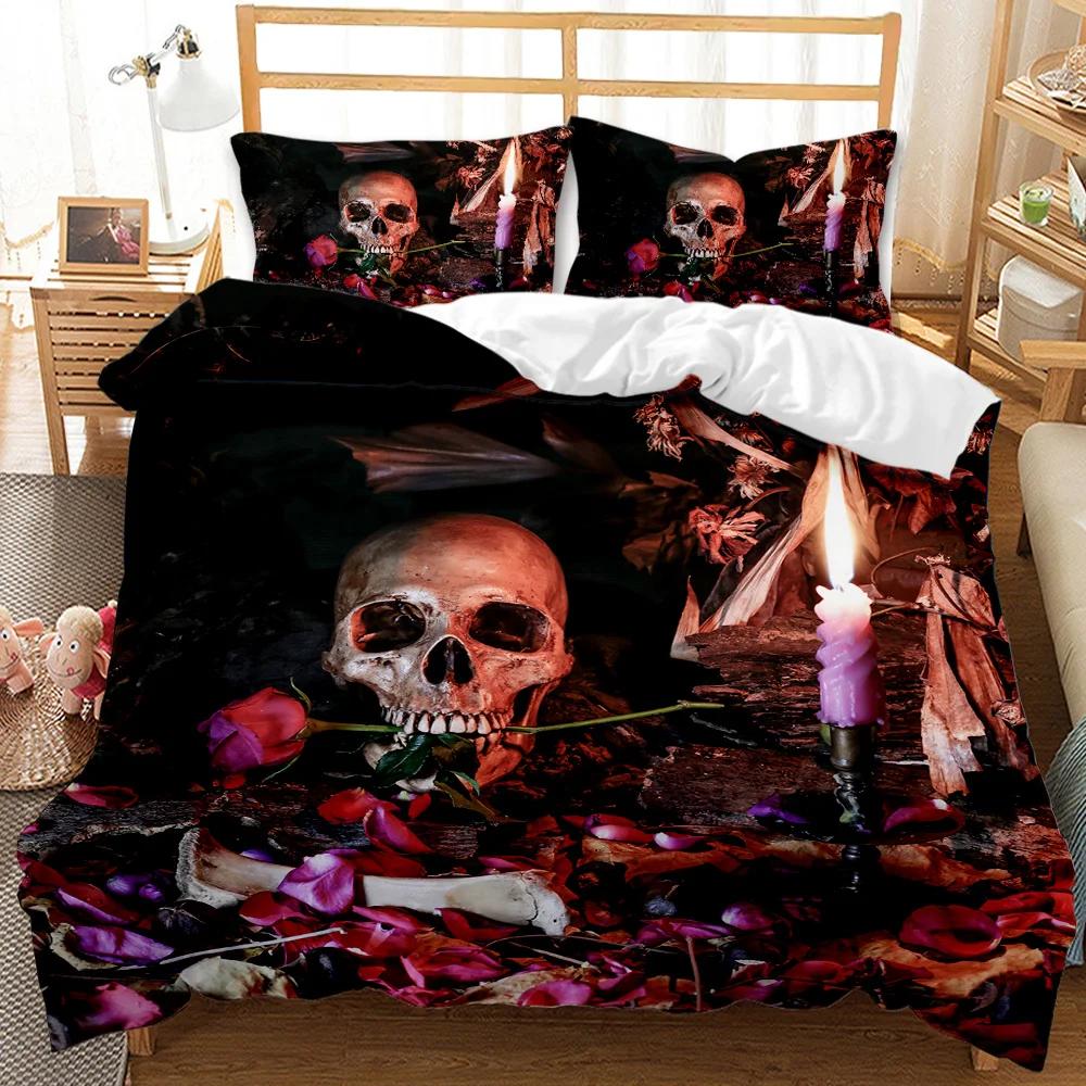 Комплект постельного белья с черепом Queen 3D Skeleton Floral Skull Pattern Printed Beds Qulit Cover Gothic Microfiber Beds Queen Size
