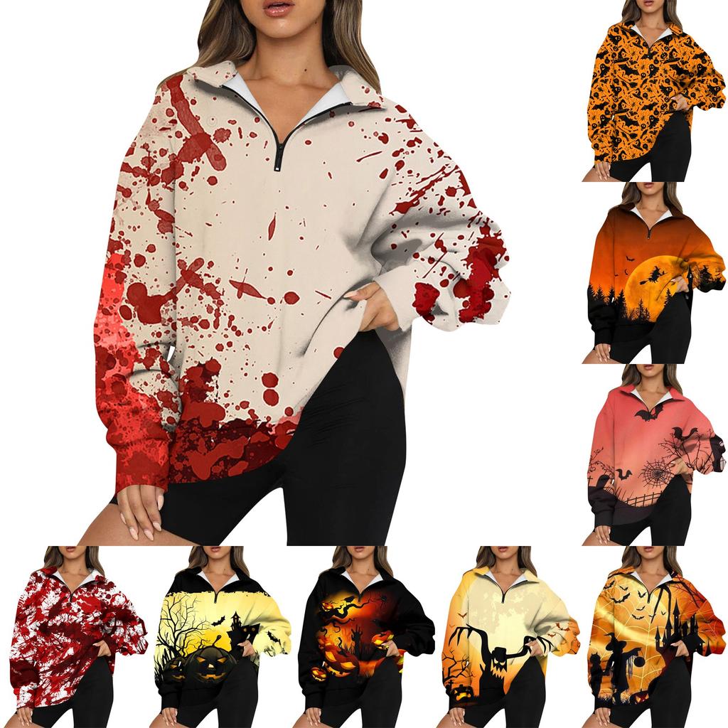 Women's Fashion Casual Long Sleeve Halloween Printed Zipper Turtleneck Drop Shoulder Sweatshirt Top