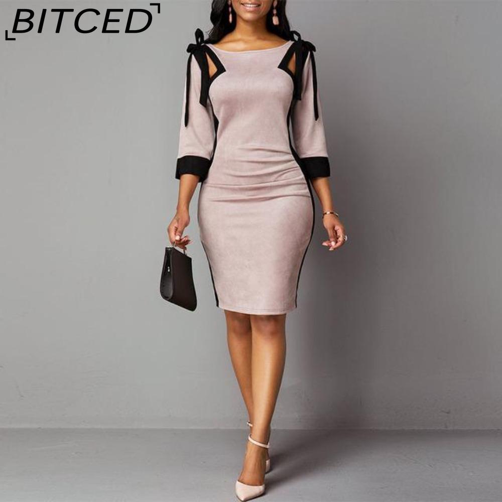 BITCED Женское осенне-зимнее платье с завязками на плечах и рукавами три четверти с разрезом сзади