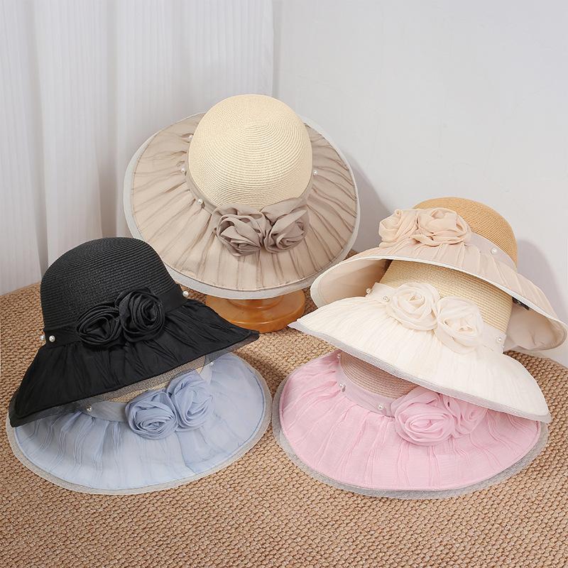 Hepburn style straw hat women's summer pearl flower decoration big brim sun hat elegant temperament top hat beach sun hat