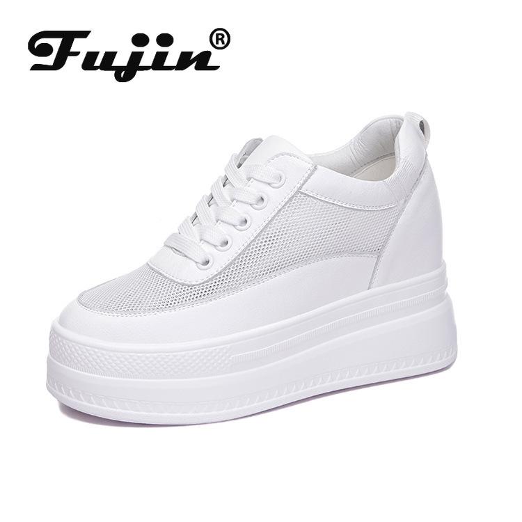 Fujin 9cm Platform Heel Wedge Shoes Sneakers Pumps White Platform Air Mesh Hollow Pumps Shoes Women Zapatos De Mujer