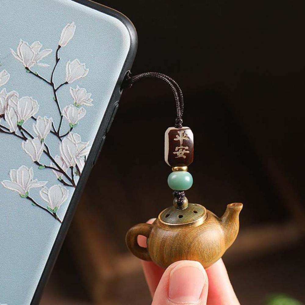 Waterproof Little Teapot Keychain Mini Green Sandalwood Phone Chain Carved Teapot Pendant  Car Key