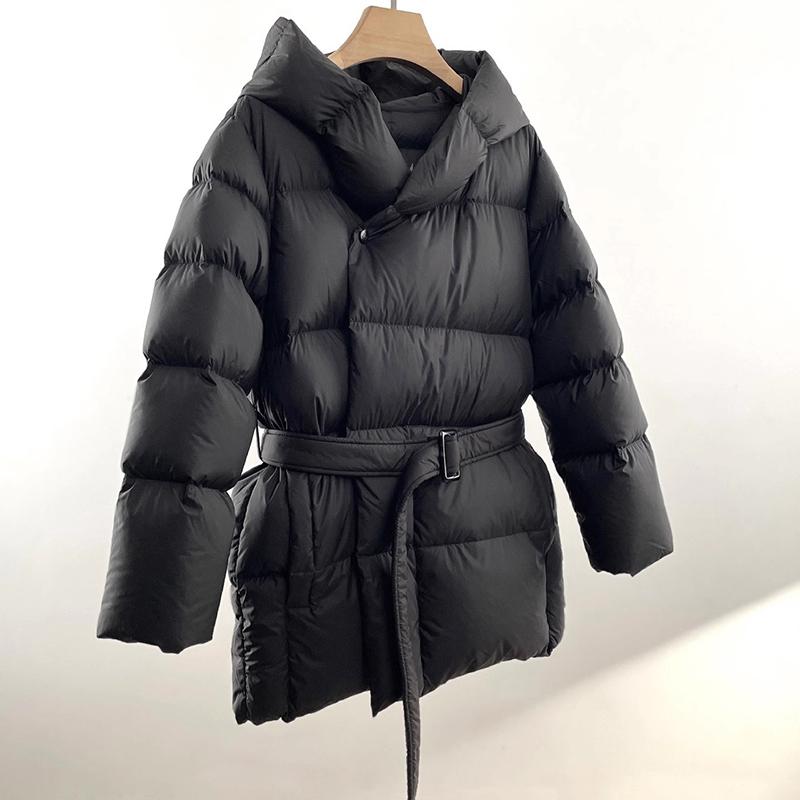 Winter Hooded Women's Down Jackets Warm Casual Coat Puffer Jacket Belt Elegant Parka Overcoat