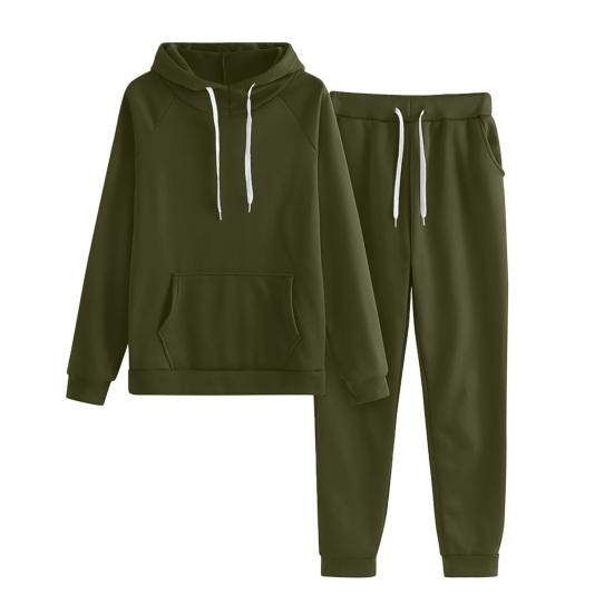 2 Pcs/Set Women Hoodie Pants Suit Solid Color Plush Long Sleeves Thick Top Elastic Waist Ankle-banded Trousers Sport Fitness
