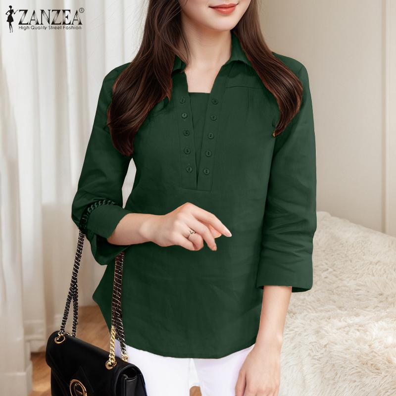 ZANZEA Женская блузка с отложным воротником, однотонная, повседневная, с рукавом 3/4