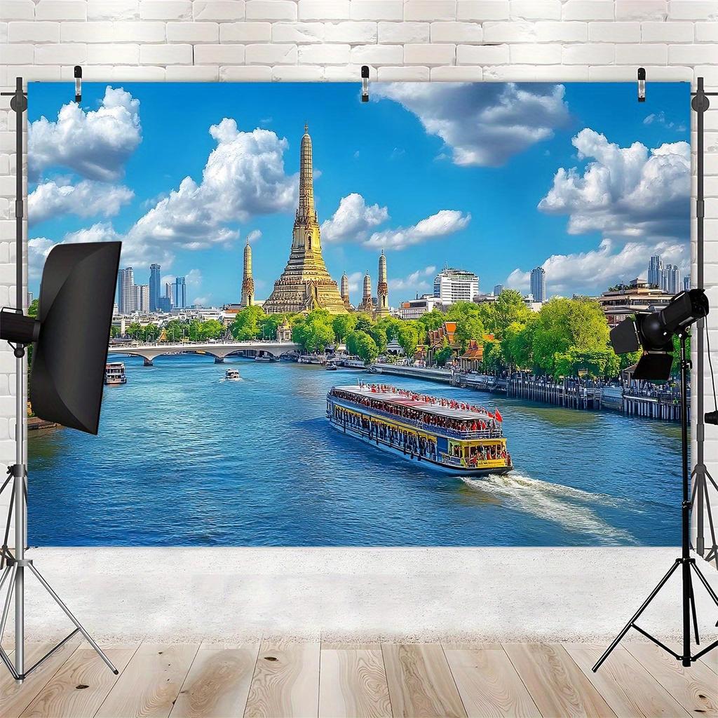 2D flat banner 1PC Huatuo Temple in Thailand and the cityscape of Bangkok background board birthday decoration