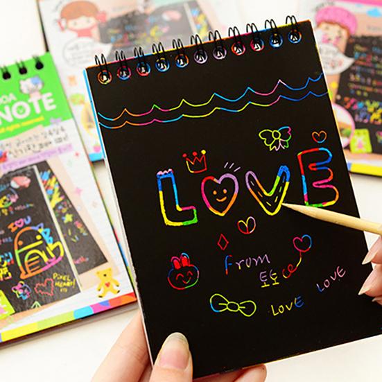 Kids Rainbow Colorful Scratch Art Kit Drawing Painting Paper Notebook with Drawing Stick Gift