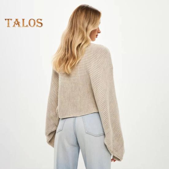 Women Sweater O-Neck Batwing Long Sleeve Solid Color Loose Fit Knitting Tops Exposed Navel Irregular Cross Sweater