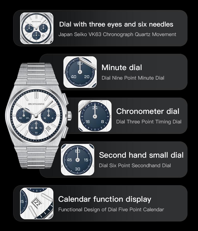 Specht&Sohne New Fashion Watch 41MM Stainless Steel Watch Rose Gold Luminous Male Sport Quartz Wristwatch 50M Waterproof