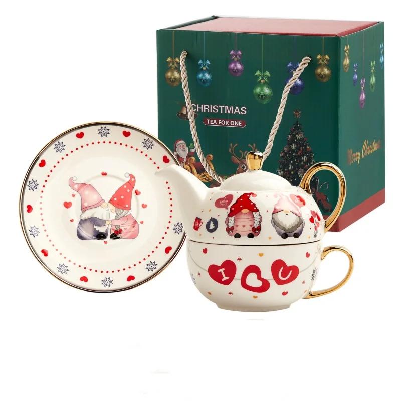 420ml Christmas Ceramic Gold-plated Teapot Cup and Saucer Set with Christmas Graffiti Coffee Flower Tea Set Christmas Gift