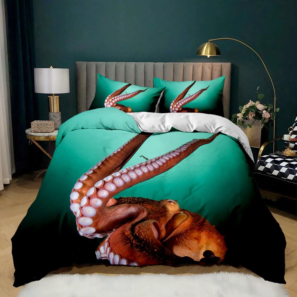 Cartoon Octopus Duvet Cover Set King Queen Size Sea Animal Bedding Set Red Blue 3D Print Microfiber Polyester Comforter Cover