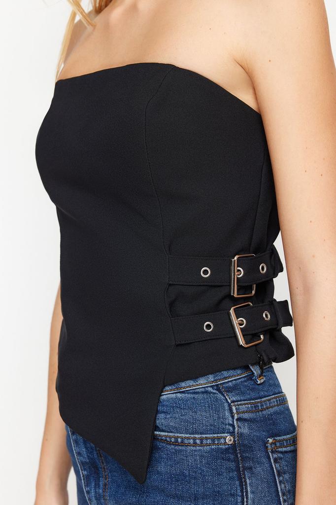 Women's Style Blouse Black Strapless Fitted Woven Blouse with Belt Buckle Detail