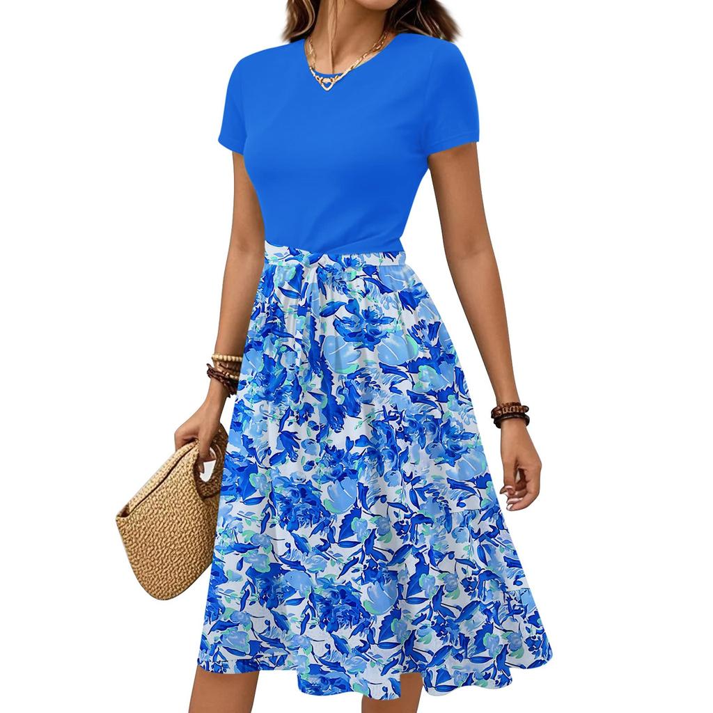 Women's Casual Fashion Belted Floral Print Short Sleeve Round Neck Elegant Dress