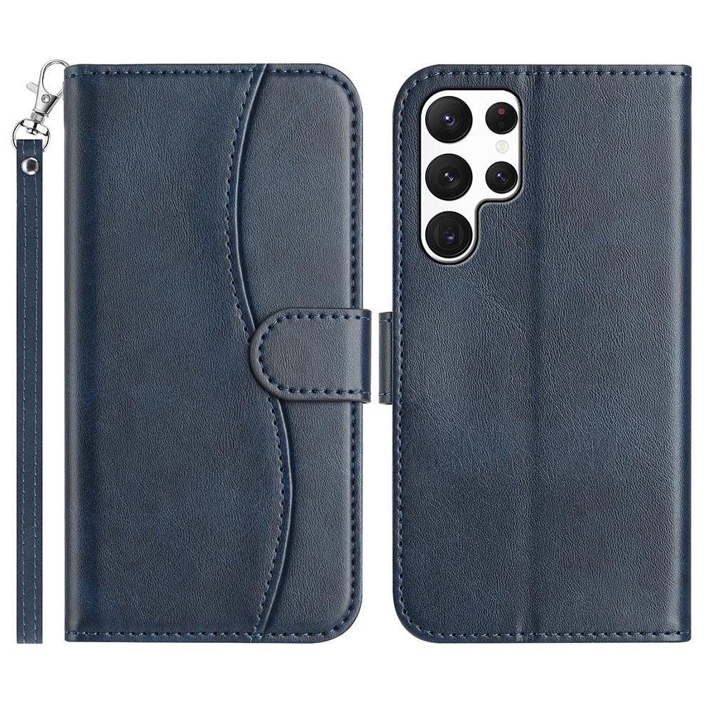 For Samsung Galaxy S24 Ultra Stand Case with Strap PU Leather Wallet Phone Cover S Shape Stitching Design