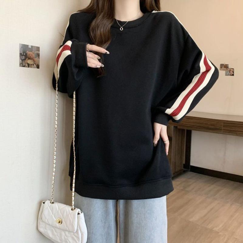 Свитшот для женщин, хлопковая свободная футболка большого размера с длинным рукавом, флисовая утолщенная удобная круглая горловина, повседневный пуловер, топ, свитшот