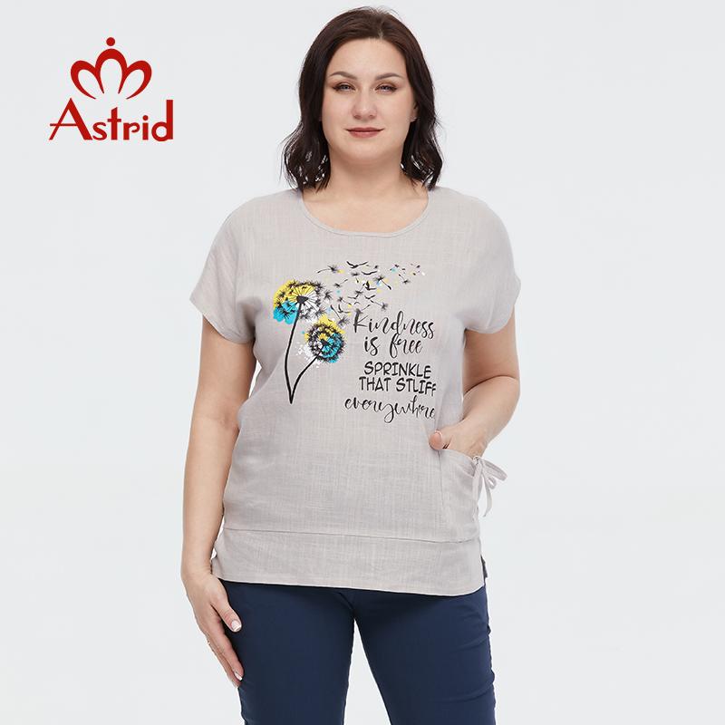 Летняя женская футболка Astrid, новинка 2023 года, хлопково-льняной топ, футболка большого размера с короткими рукавами, модный узор, женская одежда с буквенным принтом