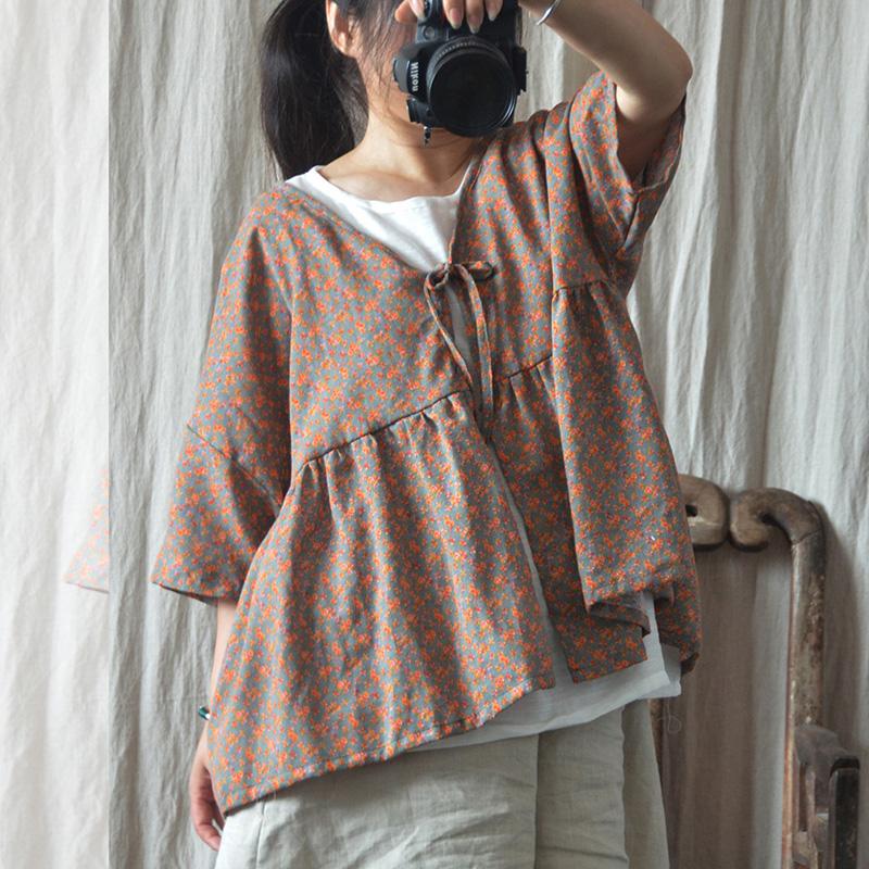 Johnature Женские рубашки в китайском стиле с поясом и коротким рукавом, летние блузки с цветочным принтом, хлопковая льняная одежда, рубашки