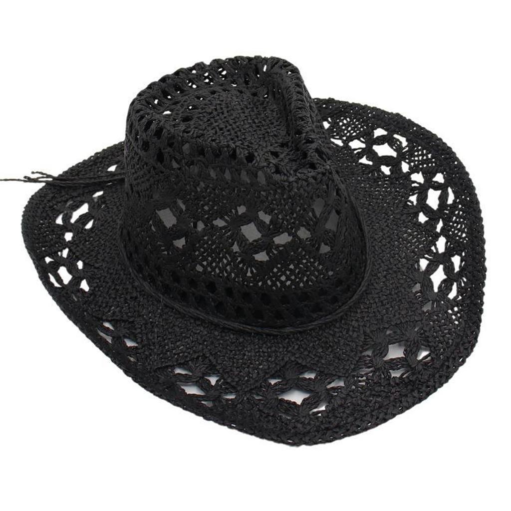 Adult Sun Hat Hand Woven Hollow Cowboy Solid Color Sun Hat Women'S Hat Adjustable Beach Hat