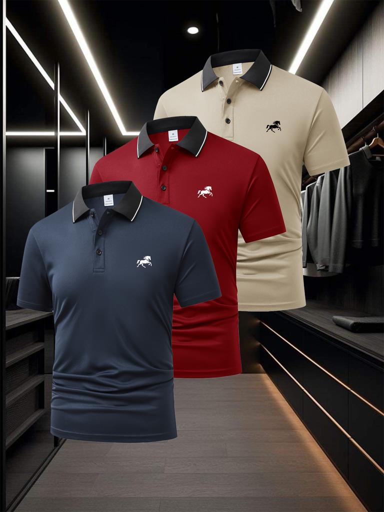 Men's Piped Trim Short Sleeve Polo Shirt, Casual Expo Visit Tops, Regular Fit for Trade Show Outdoor Walk Errands Business Wear