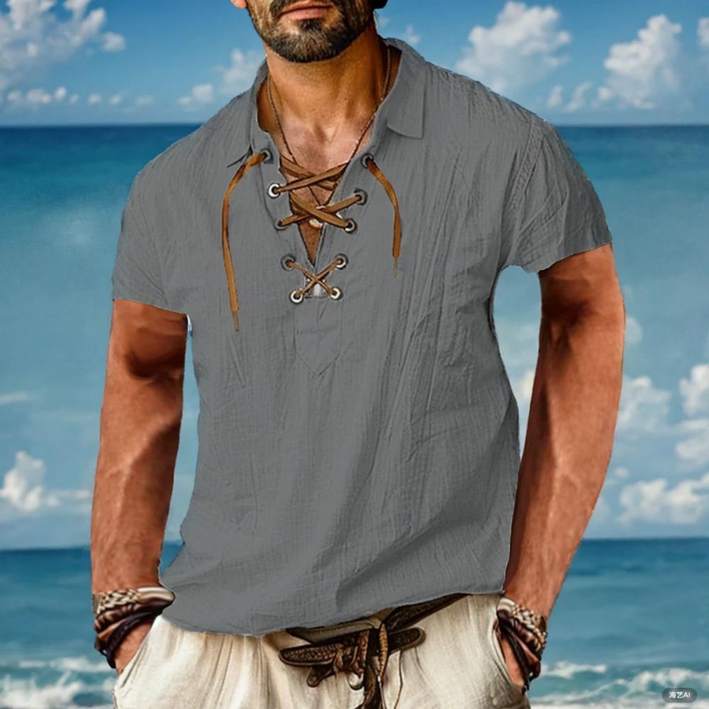 Летняя мужская рубашка из 100% хлопка и льна, однотонная, со шнуровкой и отложным воротником, льняная рубашка сверху