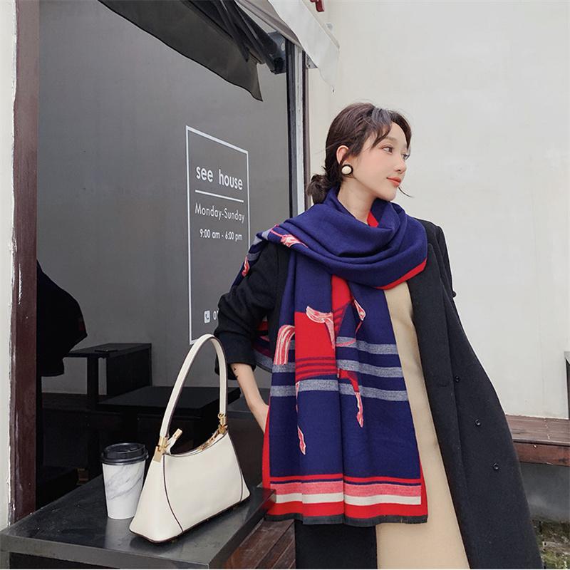 Толстый теплый зимний шарф, роскошный дизайн, принт лошади, женский кашемировый шаль из пашмины, женские шарфы с запахом, женский платок, одеяло, пончо