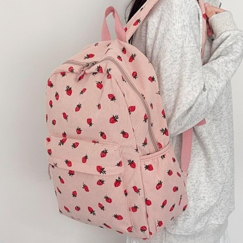 Solid Color Corduroy Backpack Strawberry Students Daypack Casual Students School Bag Kids