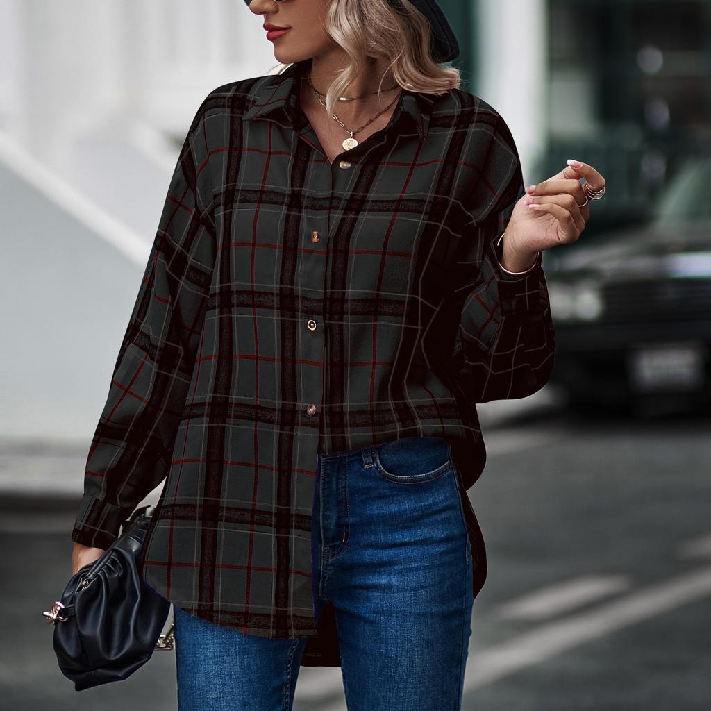 Модные женские повседневные топы в клетку с длинным рукавом и воротником-стойкой, пальто