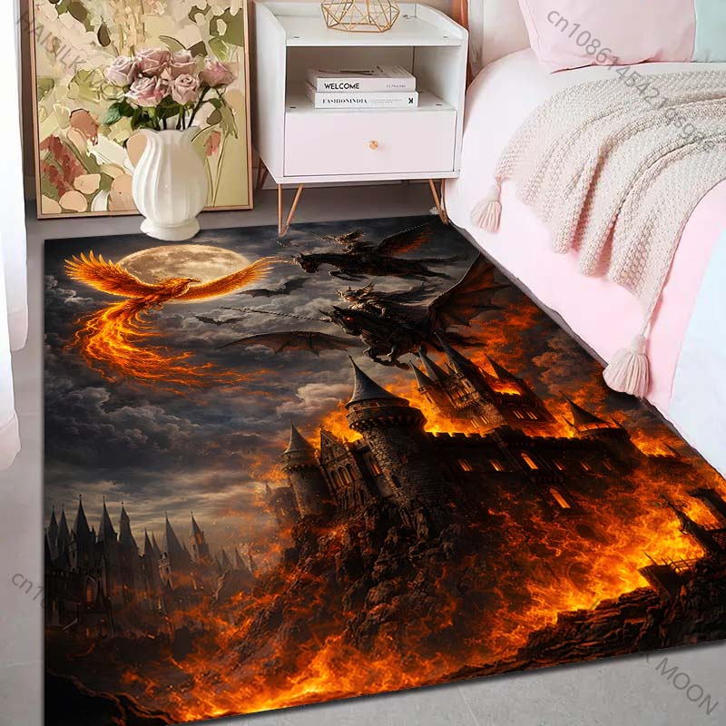 1PC Fiery castle with knights and dragons Print Carpet Rug for Living Room Bedroom Sofa Doormat Home Decor Non-slip Floor Mat