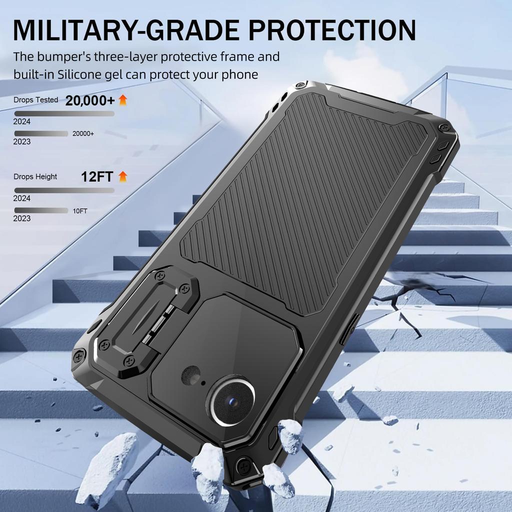 For iPhone 16e Case Aluminum Alloy+Silicone Lens Kickstand Phone Cover with Tempered Glass Film