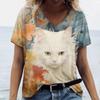 Women's V-Neck Short Sleeve T-Shirts Animals Printed Summer Clothing Cute Cartoon Cat Woman Tshirts Streetwear Tops