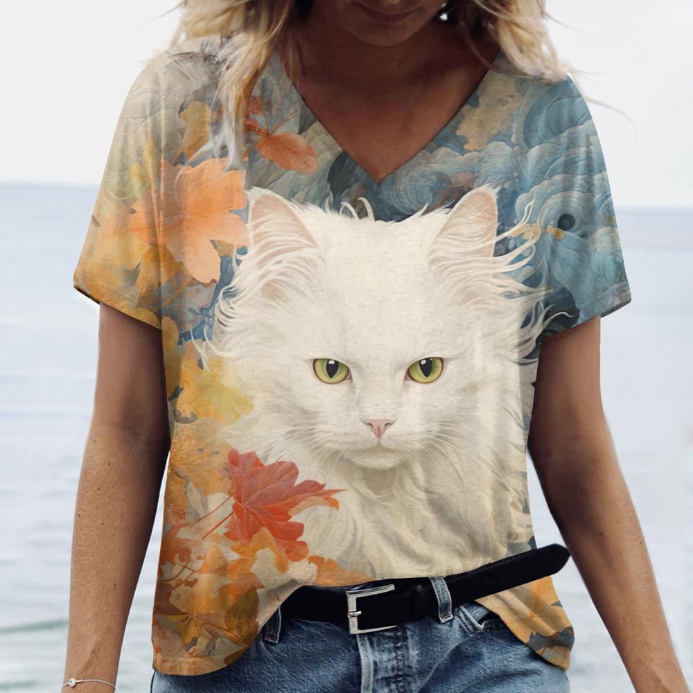 Women's V-Neck Short Sleeve T-Shirts Animals Printed Summer Clothing Cute Cartoon Cat Woman Tshirts Streetwear Tops